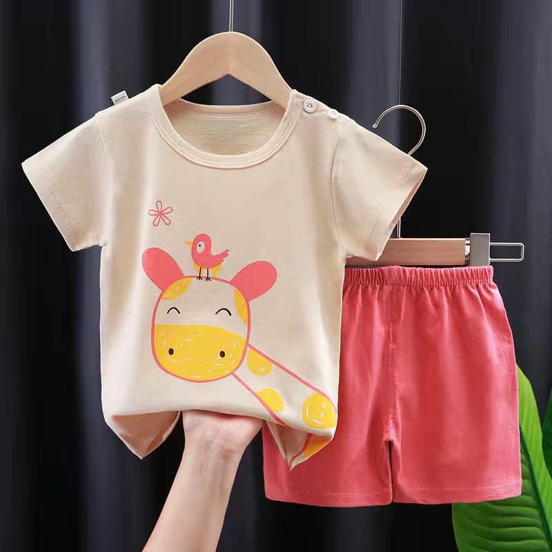Kids' Summer Short Sleeve Top & Shorts Set - Cartoon Print 100% Cotton Outfit for Toddlers & Children Aged 0-7 - Breathable