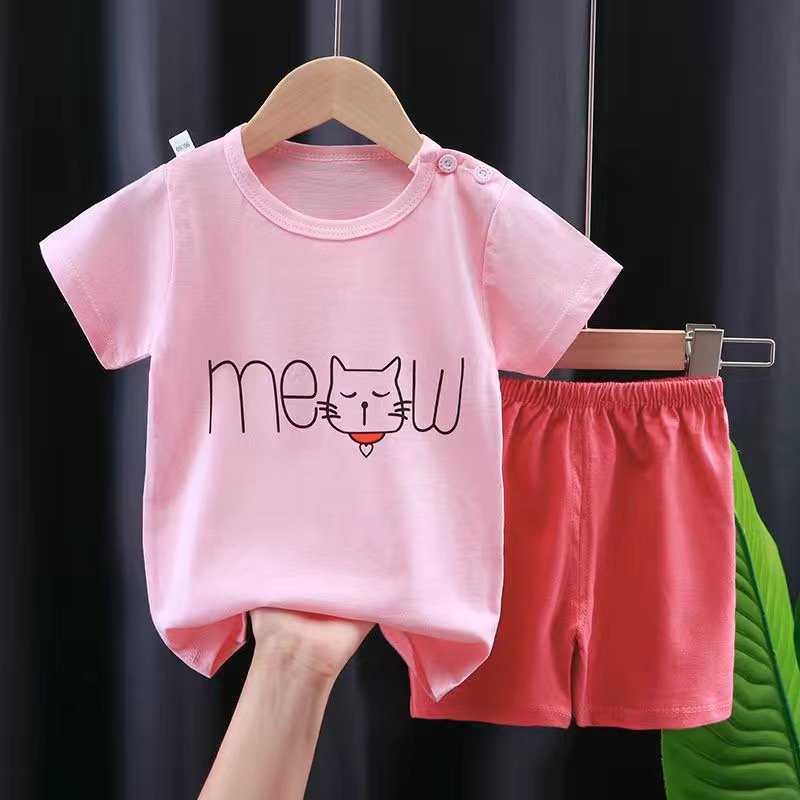 Kids' Summer Short Sleeve Top & Shorts Set - Cartoon Print 100% Cotton Outfit for Toddlers & Children Aged 0-7 - Breathable