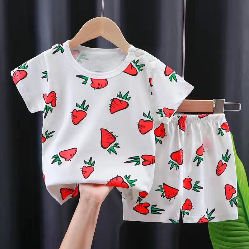Kids' Summer Short Sleeve Top & Shorts Set - Cartoon Print 100% Cotton Outfit for Toddlers & Children Aged 0-7 - Breathable