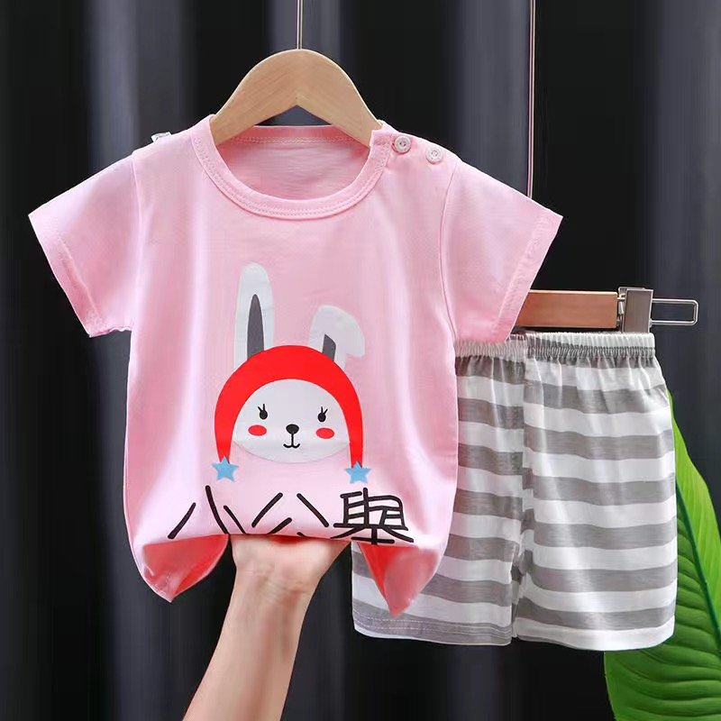 Kids' Summer Short Sleeve Top & Shorts Set - Cartoon Print 100% Cotton Outfit for Toddlers & Children Aged 0-7 - Breathable