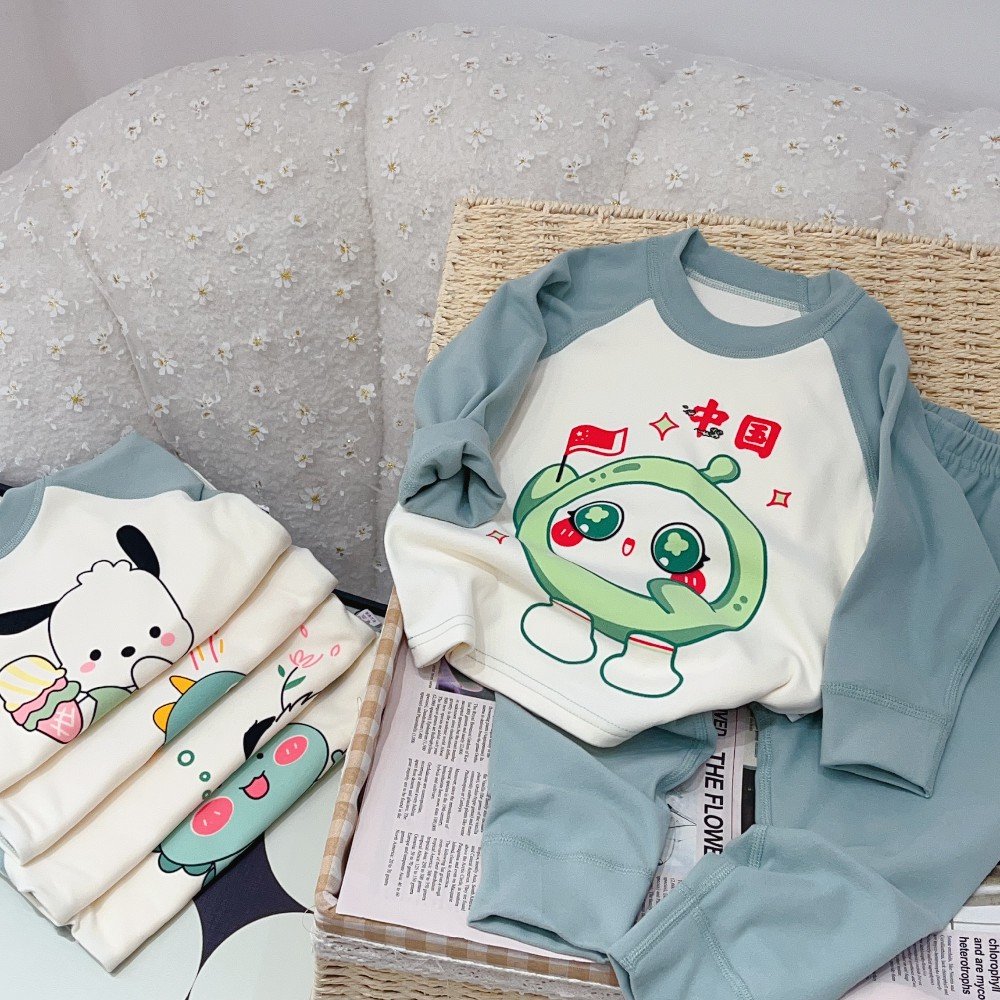 Children Spring Casual Boys and Girls Cartoon Animal Print Top and Pants Set Cotton Baby Suit for Home Use Kids Apparels
