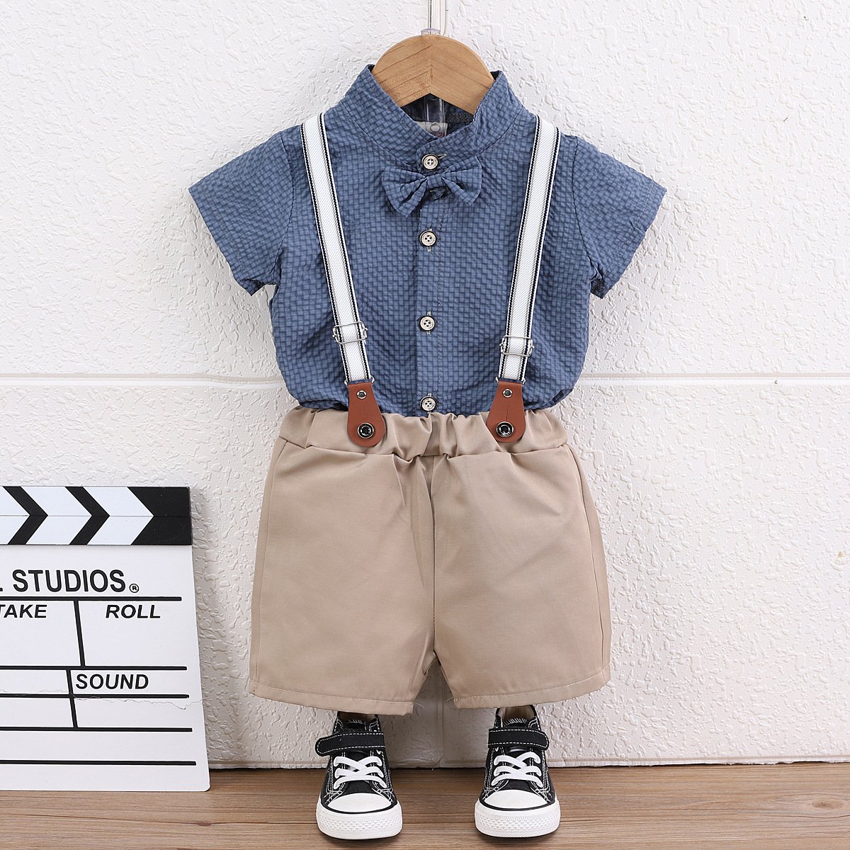 Summer Children Boys Clothing Set Stripe Casual Formal Kids Cotton Bow Shirt Suspender Pants Outfits Baby Boy's Gentleman Suit