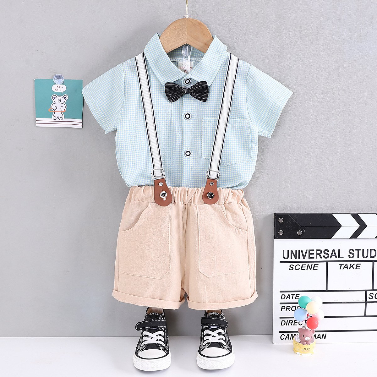 Summer Children Boys Clothing Set Stripe Casual Formal Kids Cotton Bow Shirt Suspender Pants Outfits Baby Boy's Gentleman Suit