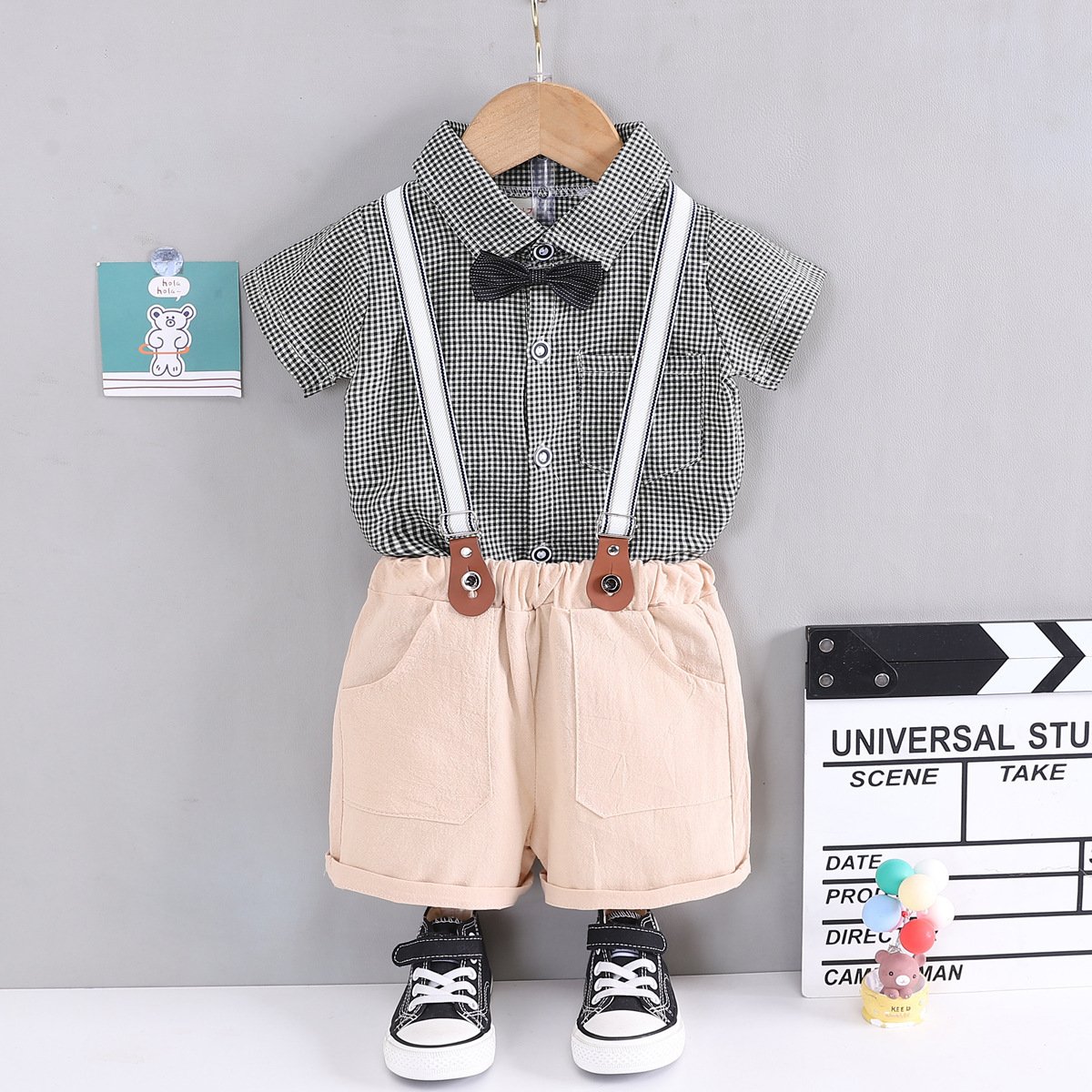 Summer Children Boys Clothing Set Stripe Casual Formal Kids Cotton Bow Shirt Suspender Pants Outfits Baby Boy's Gentleman Suit
