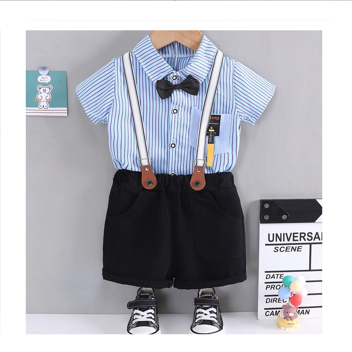 Summer Children Boys Clothing Set Stripe Casual Formal Kids Cotton Bow Shirt Suspender Pants Outfits Baby Boy's Gentleman Suit
