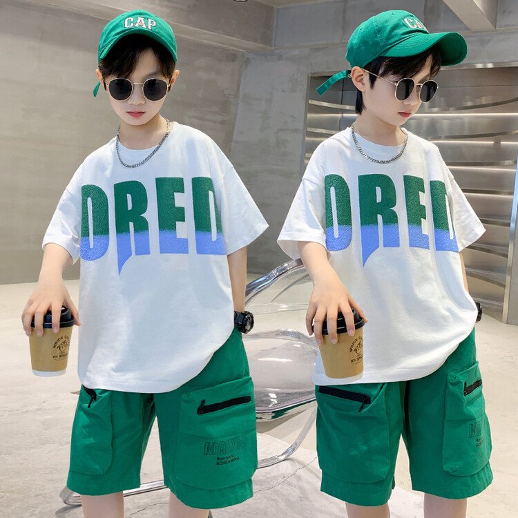 2024 Summer New Kids Puff Print T-Shirt Cargo Shorts Two-Piece Boys' Set Kids Clothes Teen Boys Clothing Wholesale