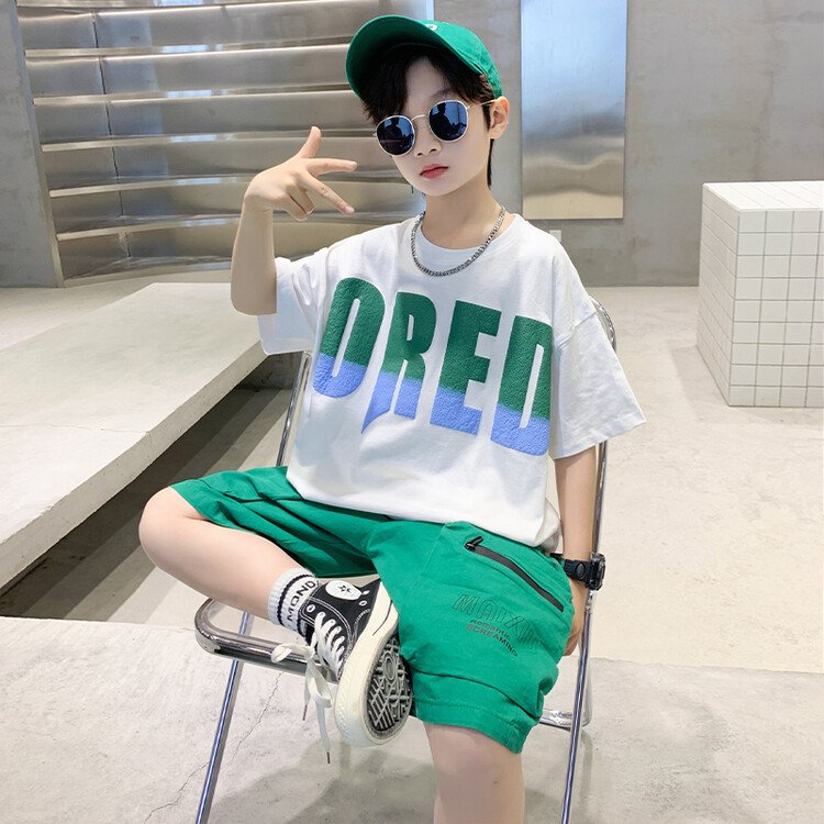 2024 Summer New Kids Puff Print T-Shirt Cargo Shorts Two-Piece Boys' Set Kids Clothes Teen Boys Clothing Wholesale