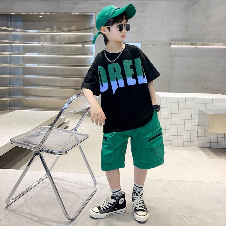 2024 Summer New Kids Puff Print T-Shirt Cargo Shorts Two-Piece Boys' Set Kids Clothes Teen Boys Clothing Wholesale