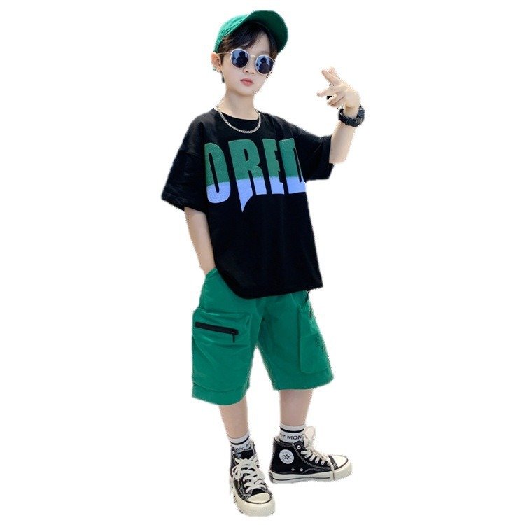 2024 Summer New Kids Puff Print T-Shirt Cargo Shorts Two-Piece Boys' Set Kids Clothes Teen Boys Clothing Wholesale