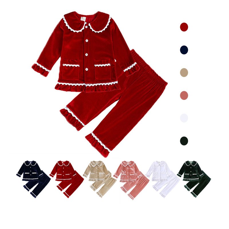 Wholesale Custom Christmas Outfit Baby Toddler Velvet Pajamas Set Kids Boys Girls Button Up Velour Sleepwear Pyjamas