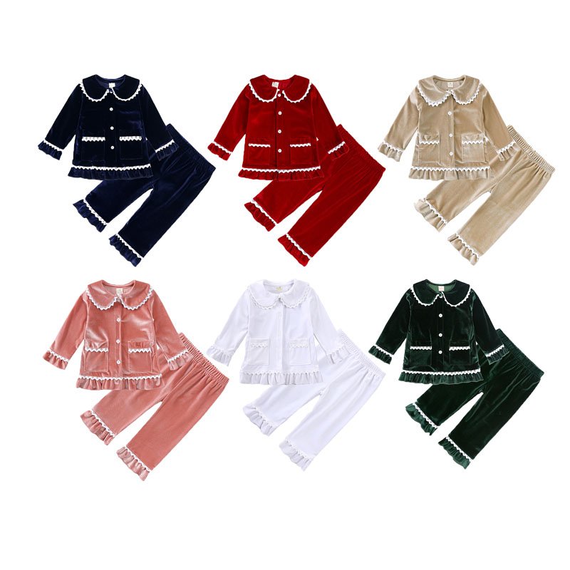 Wholesale Custom Christmas Outfit Baby Toddler Velvet Pajamas Set Kids Boys Girls Button Up Velour Sleepwear Pyjamas