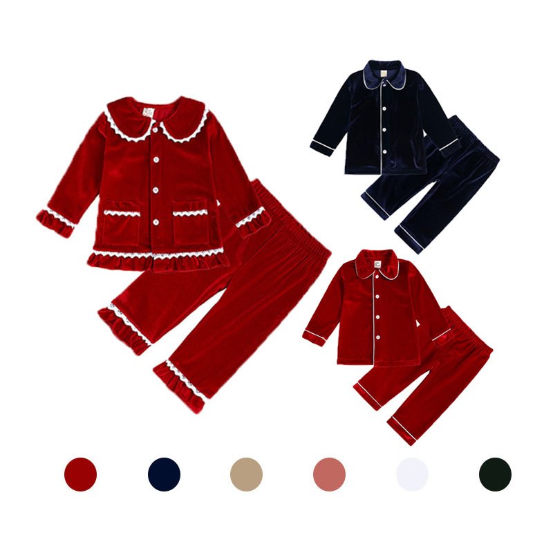 Wholesale Custom Christmas Outfit Baby Toddler Velvet Pajamas Set Kids Boys Girls Button Up Velour Sleepwear Pyjamas