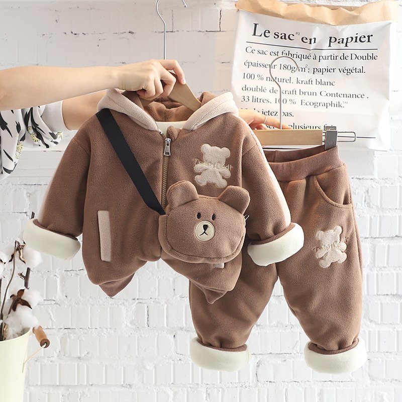 2024 Winter New Boys Casual Clothing Set Plaid Pattern Long Sleeve Coat with Zipper and Shoulder Bag Sports Pants for Children