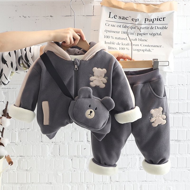 2024 Winter New Boys Casual Clothing Set Plaid Pattern Long Sleeve Coat with Zipper and Shoulder Bag Sports Pants for Children