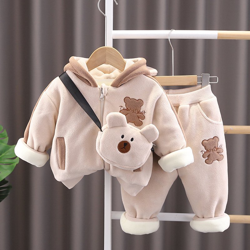 2024 Winter New Boys Casual Clothing Set Plaid Pattern Long Sleeve Coat with Zipper and Shoulder Bag Sports Pants for Children