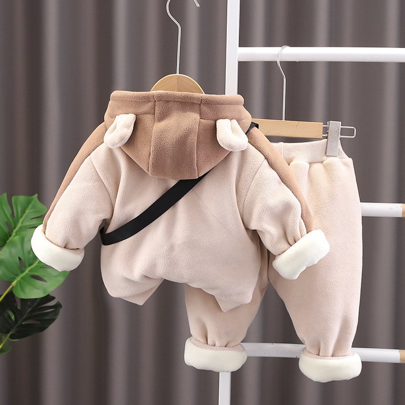 2024 Winter New Boys Casual Clothing Set Plaid Pattern Long Sleeve Coat with Zipper and Shoulder Bag Sports Pants for Children