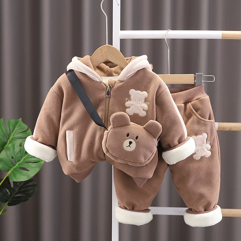 2024 Winter New Boys Casual Clothing Set Plaid Pattern Long Sleeve Coat with Zipper and Shoulder Bag Sports Pants for Children