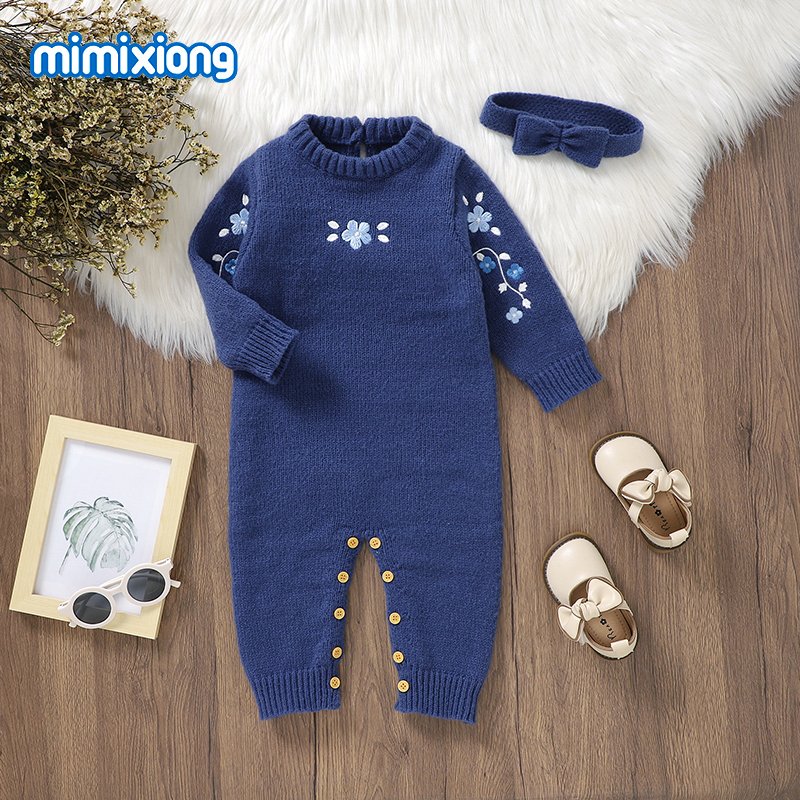 mimixiong High Quality Baby Clothing Set Embroidery Floral Knitted Long Sleeve Baby Romper Set