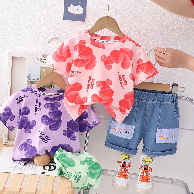 Boys handsome cartoon round neck short sleeve suit summer new boys baby casual denim shorts two-piece set