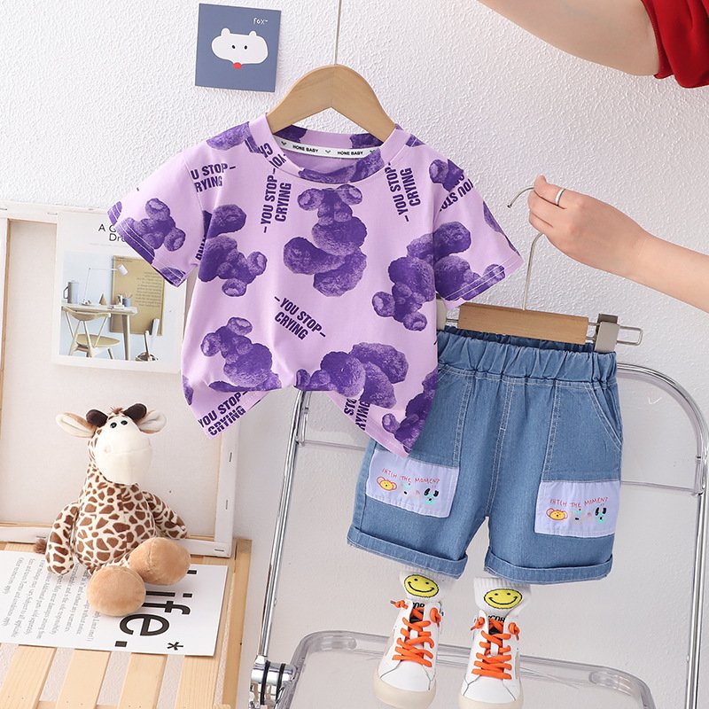 Boys handsome cartoon round neck short sleeve suit summer new boys baby casual denim shorts two-piece set