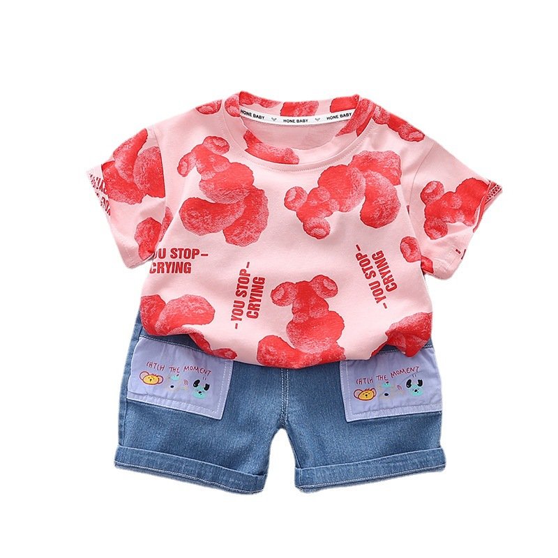 Boys handsome cartoon round neck short sleeve suit summer new boys baby casual denim shorts two-piece set