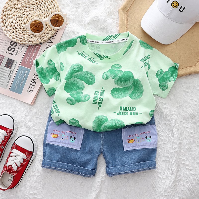 Boys handsome cartoon round neck short sleeve suit summer new boys baby casual denim shorts two-piece set