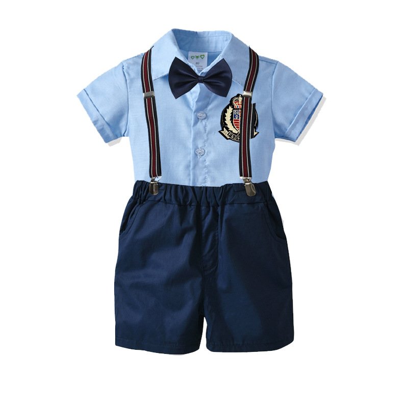 Wholesale New Style Kids Clothing Suit Fashion Gentleman Short Sleeve Shirt Short Overalls Boy Clothing Sets With Tie