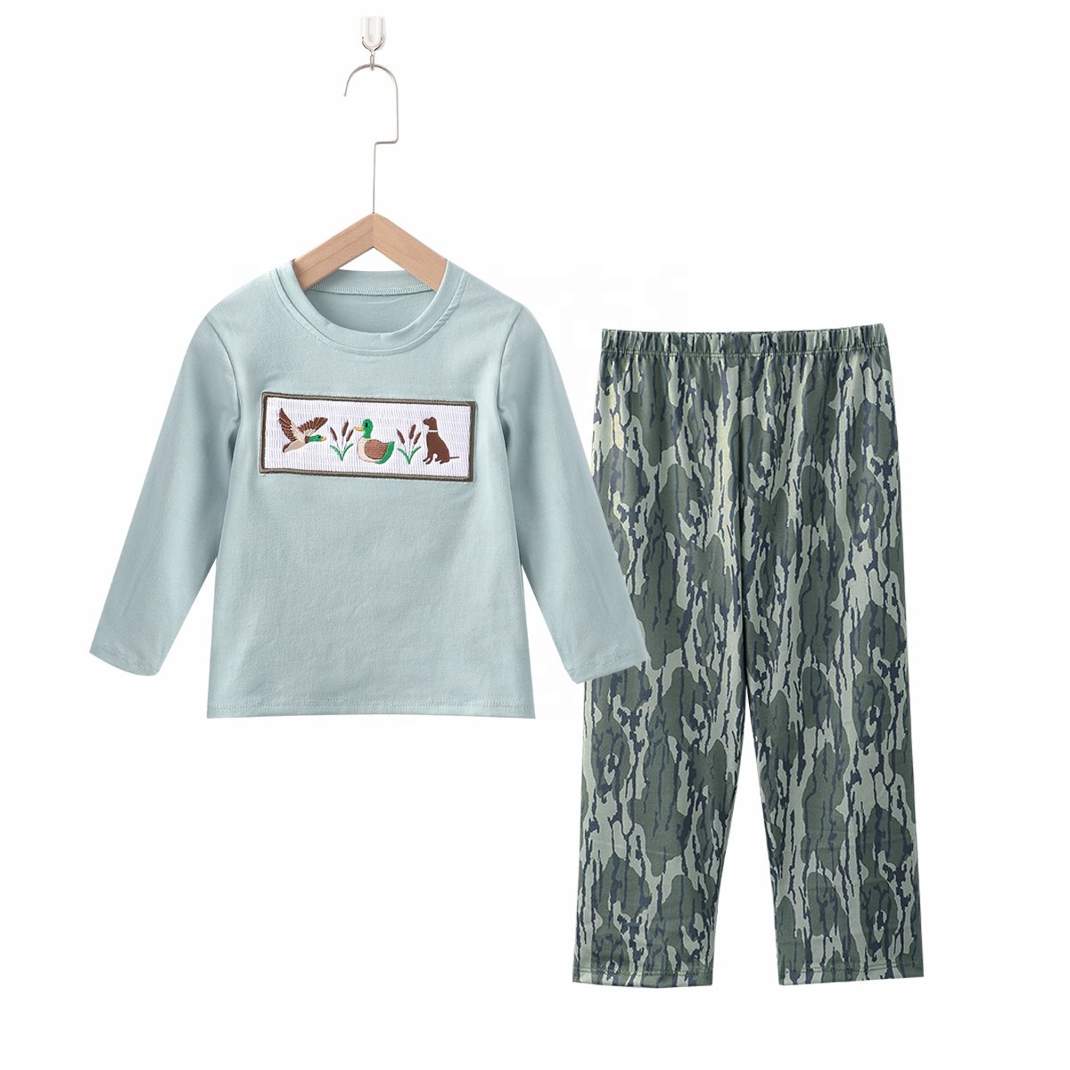 Wholesale customized kids hunting clothing toddler boys mallard duck smocked outfits baby boy fall camouflage pant sets