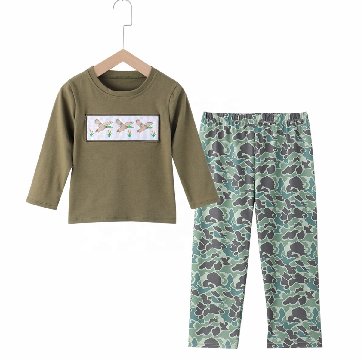 Wholesale customized kids hunting clothing toddler boys mallard duck smocked outfits baby boy fall camouflage pant sets