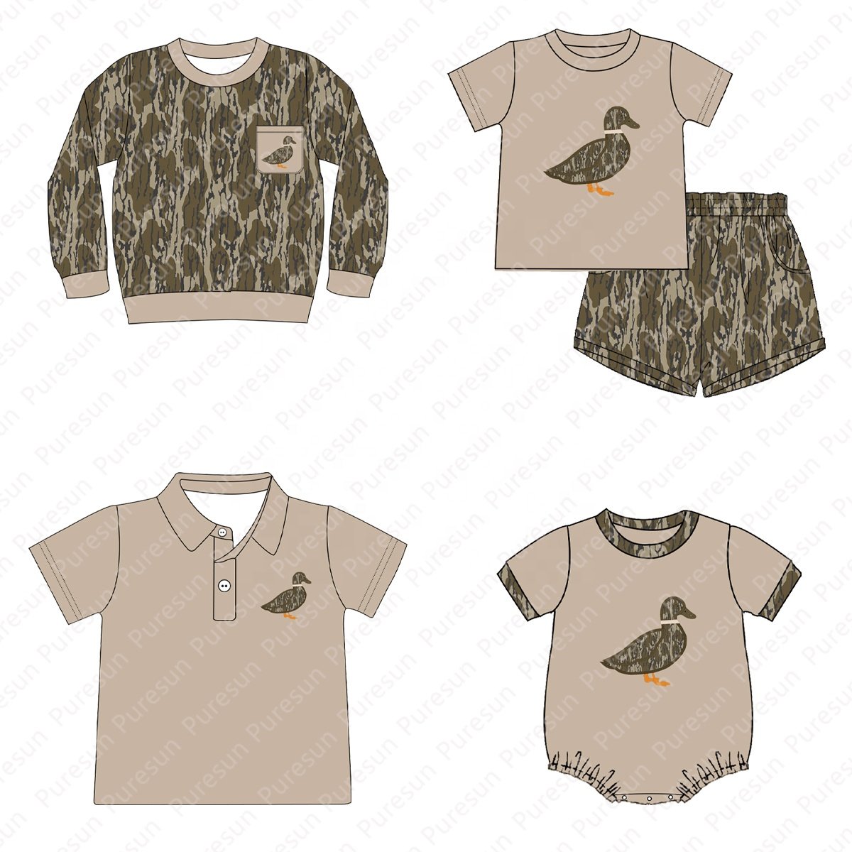 Wholesale customized kids hunting clothing toddler boys mallard duck smocked outfits baby boy fall camouflage pant sets