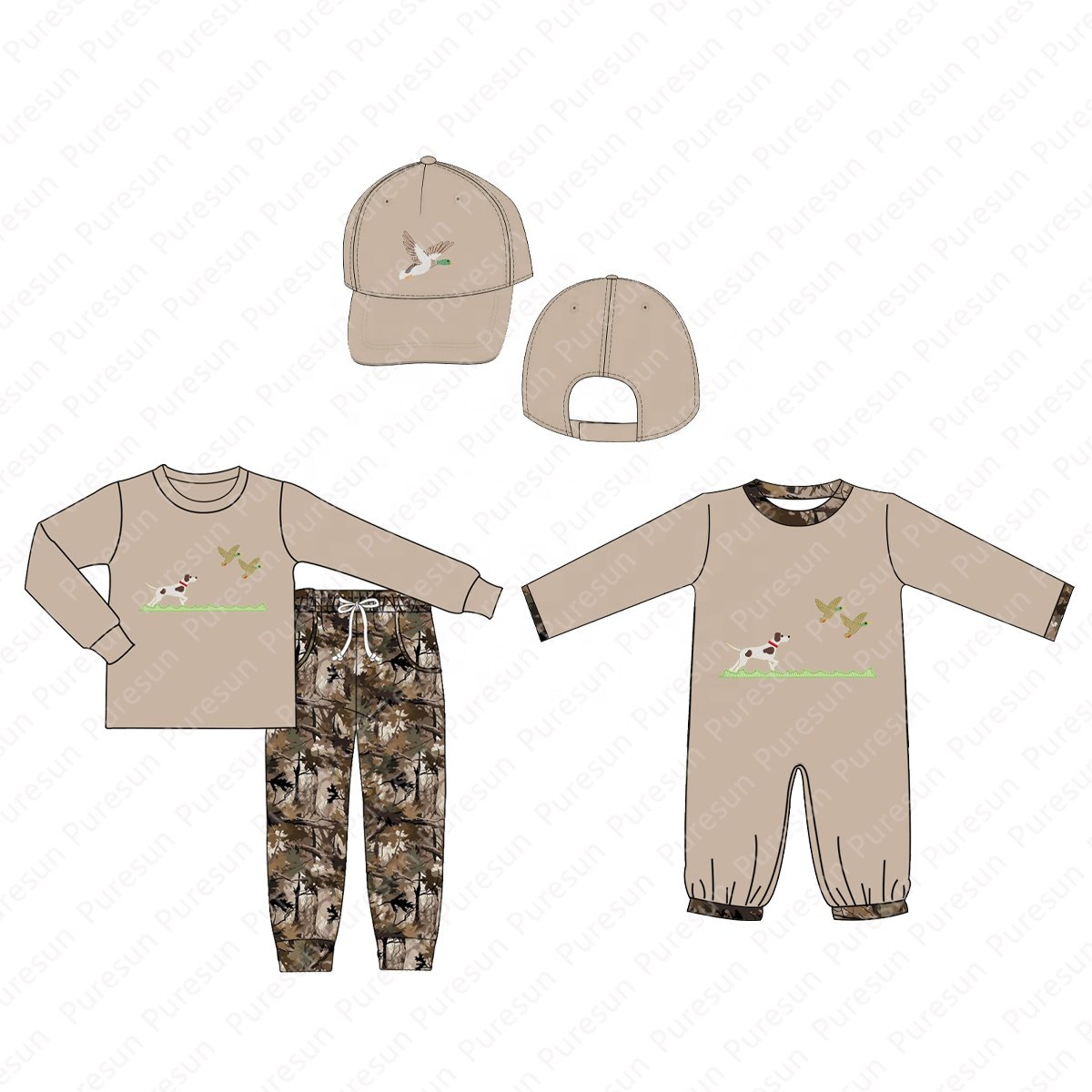 Wholesale customized kids hunting clothing toddler boys mallard duck smocked outfits baby boy fall camouflage pant sets