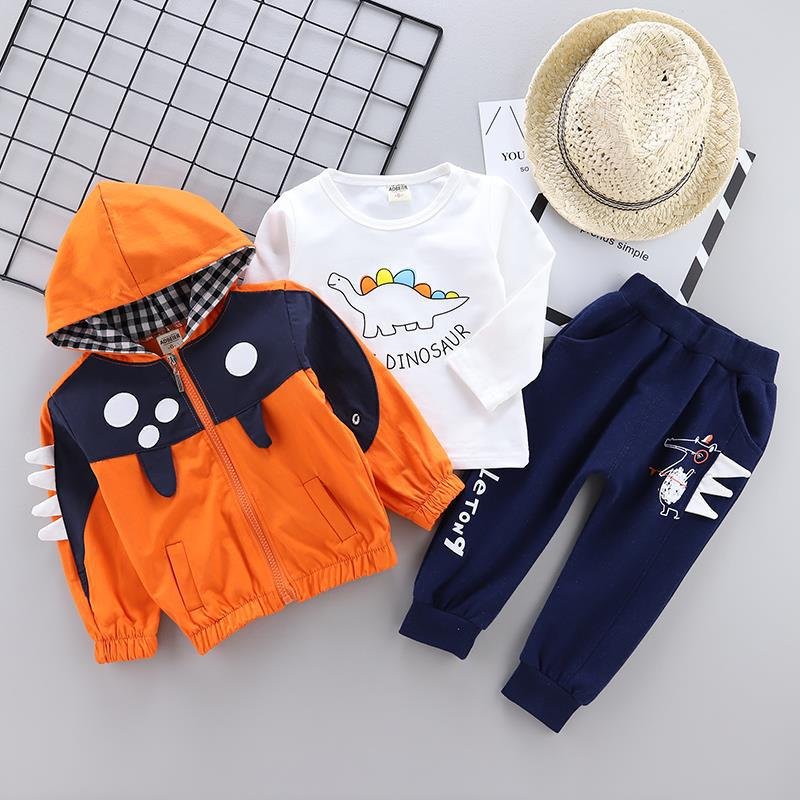 High quality Kids set baby boy dinosaur hooded jacket three -piece set