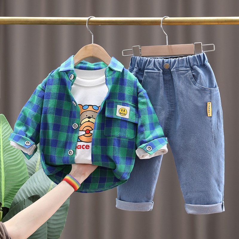 High quality Kids set baby boy dinosaur hooded jacket three -piece set