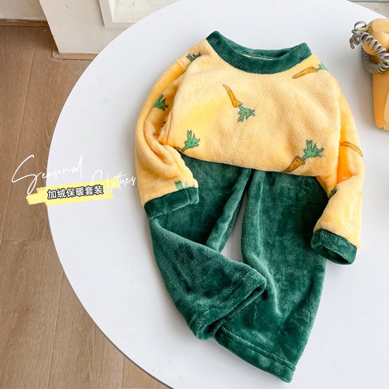 Children's flannel pajama set New baby plush and thickened home clothing underwear set