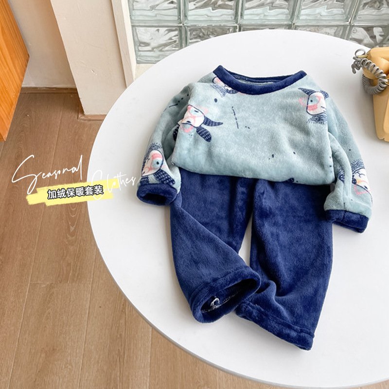 Children's flannel pajama set New baby plush and thickened home clothing underwear set