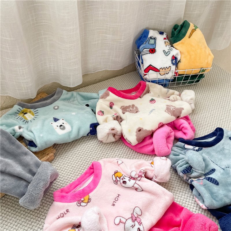 Children's flannel pajama set New baby plush and thickened home clothing underwear set