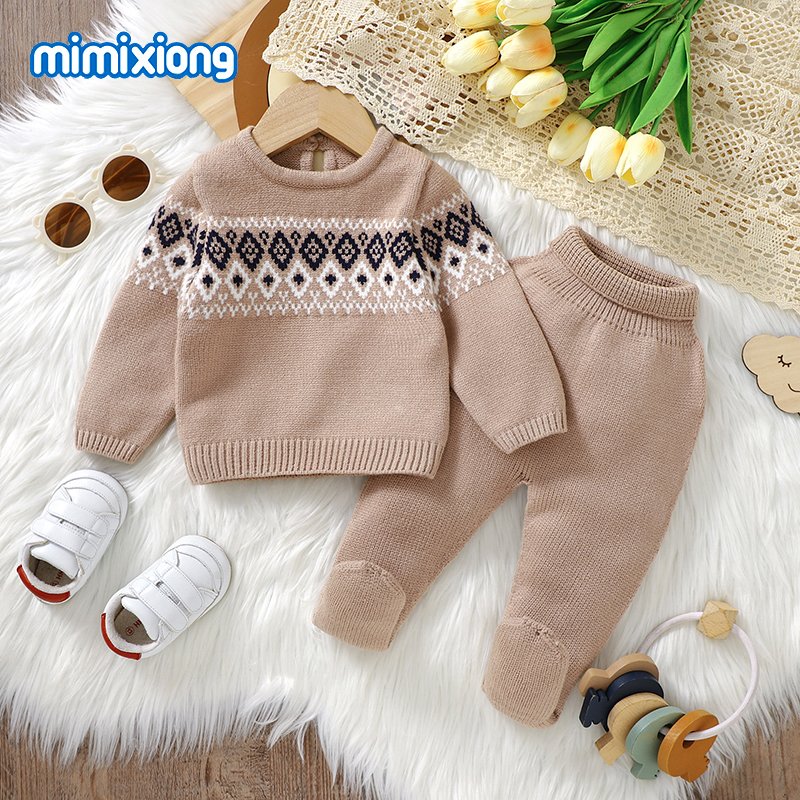 New arrival mimixiong Knitted Newborn baby sweaters and footie pants clothes kids knit wear clothing 2pcs sets