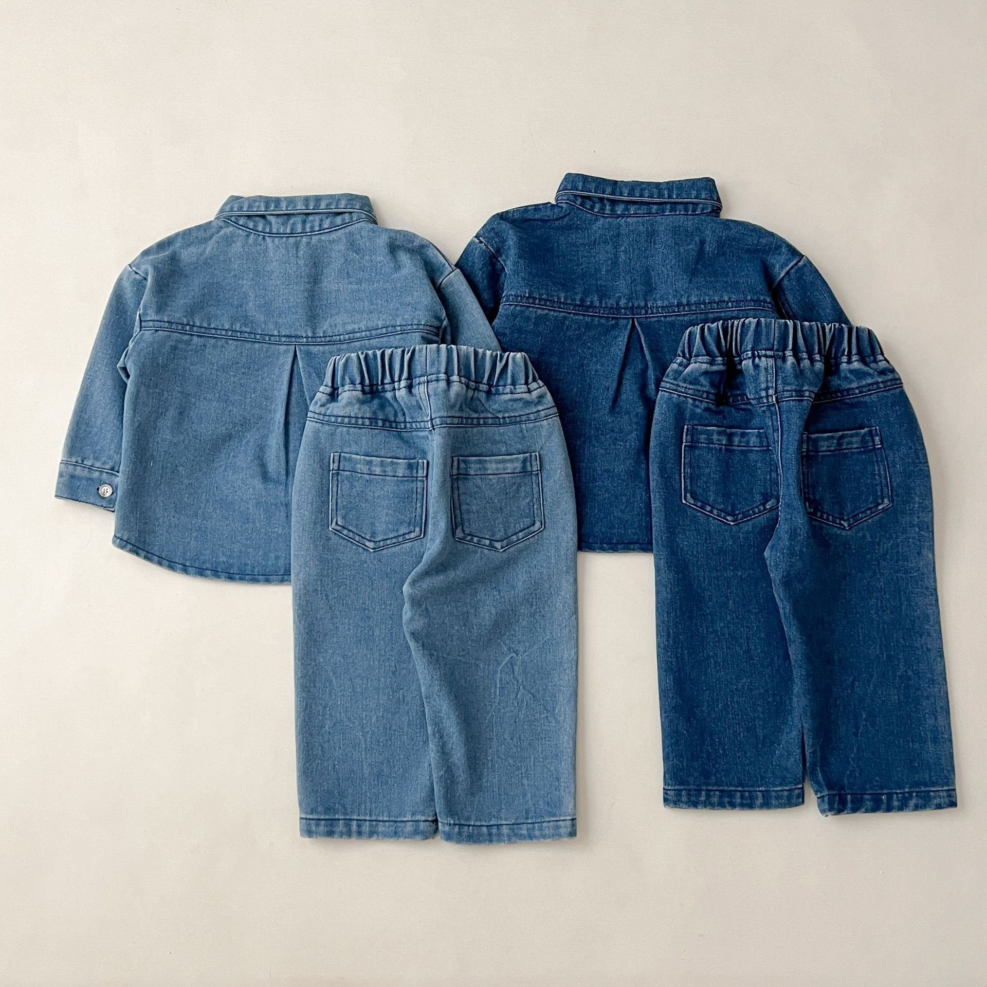New autumn children's denim suits boys and girls shirts vintage long-sleeved jeans trousers two-piece set
