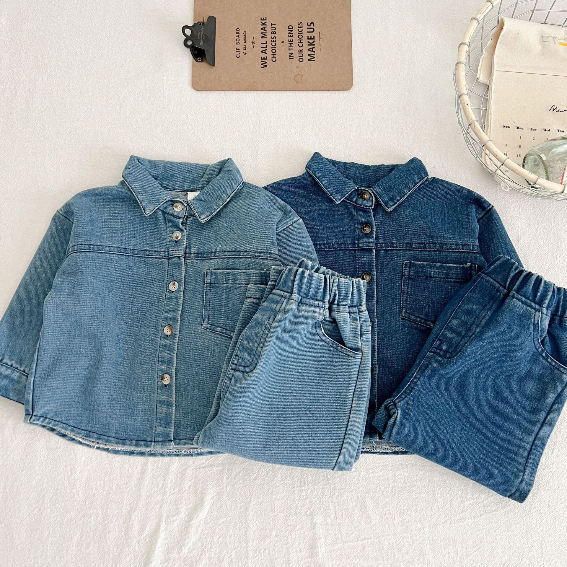 New autumn children's denim suits boys and girls shirts vintage long-sleeved jeans trousers two-piece set