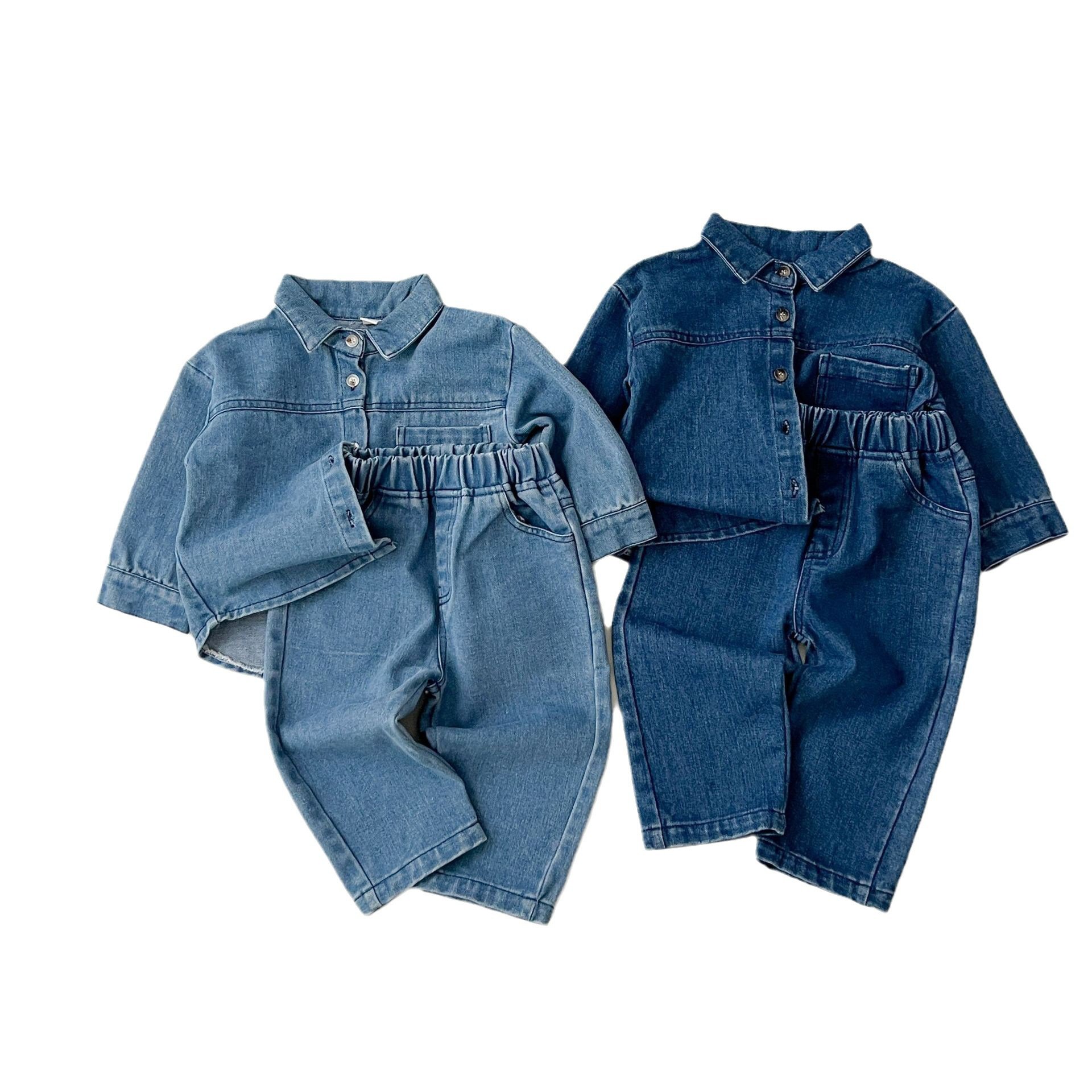 New autumn children's denim suits boys and girls shirts vintage long-sleeved jeans trousers two-piece set