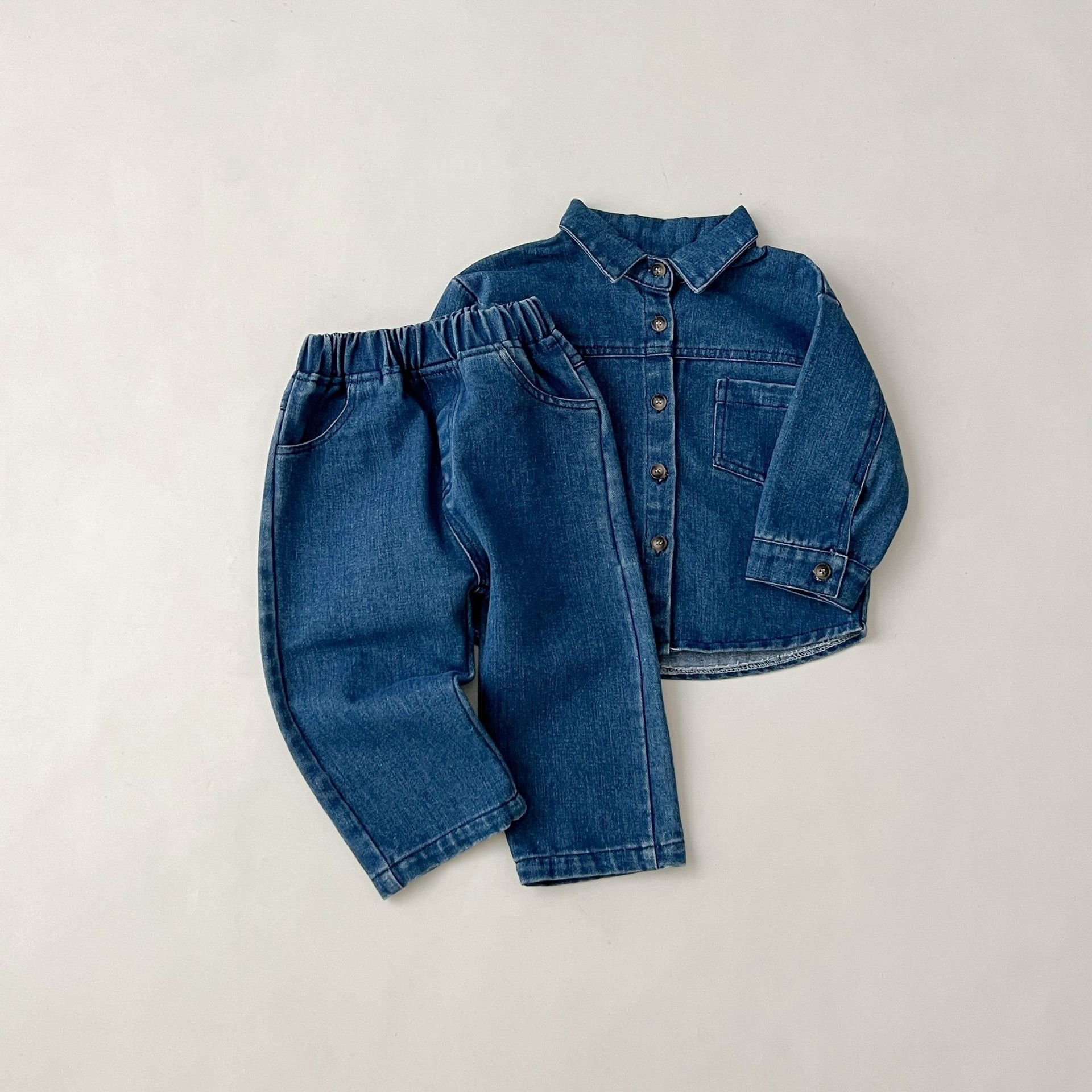 New autumn children's denim suits boys and girls shirts vintage long-sleeved jeans trousers two-piece set