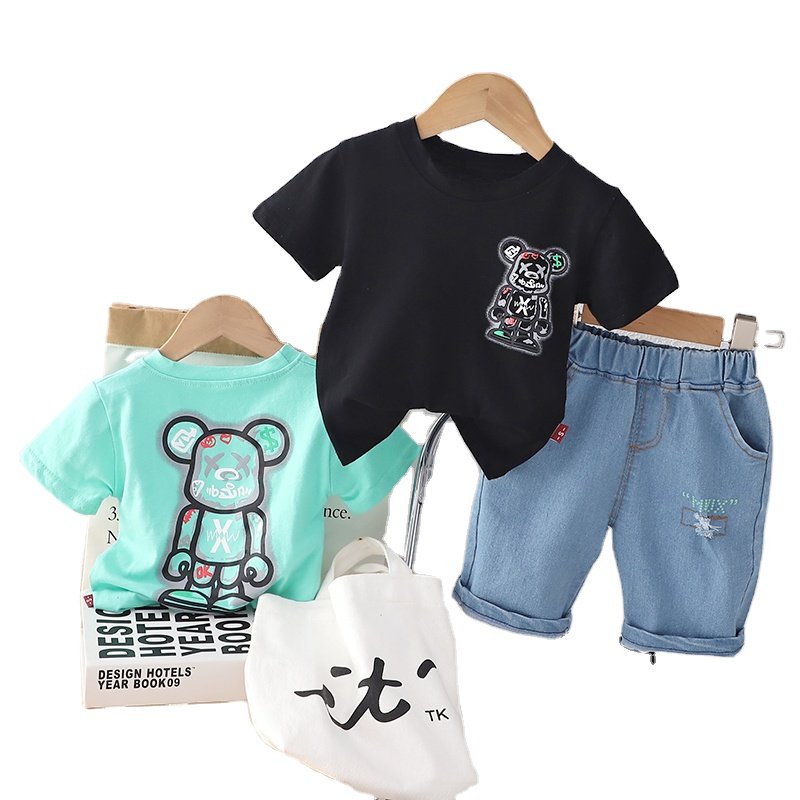 2024 New Trend Boys Summer Clothing Sets Kids Hip Hop Street Print Shirts Solid Denim Shorts Age Cotton Fabric Summer