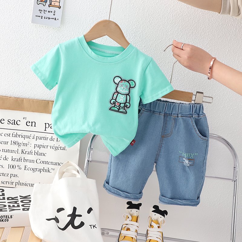 2024 New Trend Boys Summer Clothing Sets Kids Hip Hop Street Print Shirts Solid Denim Shorts Age Cotton Fabric Summer