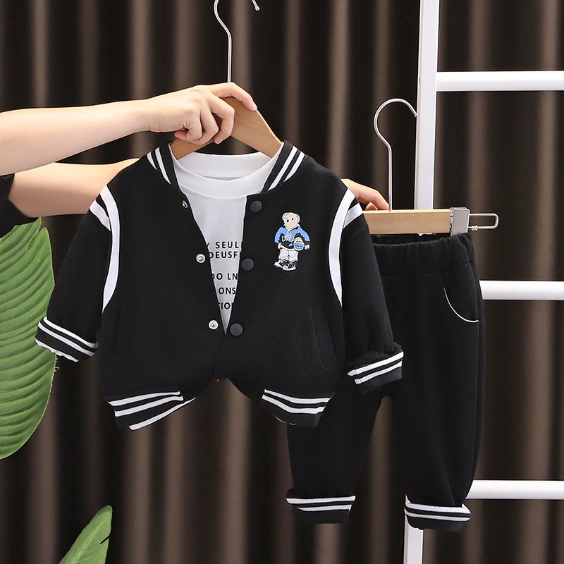 2024 Autumn Children's Casual Suit Long Sleeve Baseball Style Three-Piece Set for Boys Aged 0-5 Years Made of Cotton