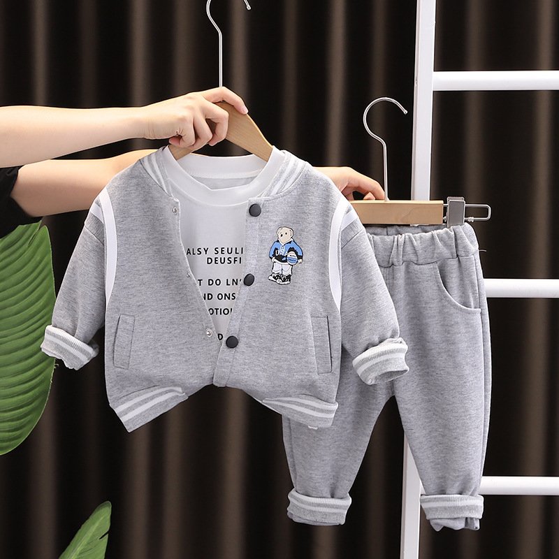 2024 Autumn Children's Casual Suit Long Sleeve Baseball Style Three-Piece Set for Boys Aged 0-5 Years Made of Cotton