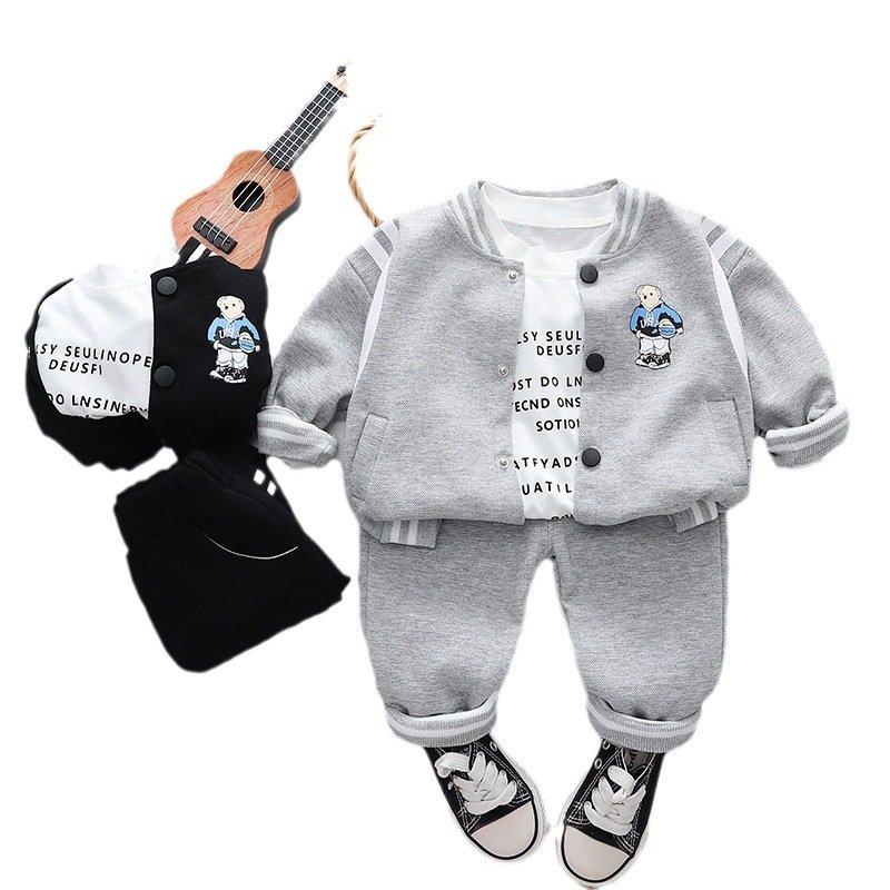 2024 Autumn Children's Casual Suit Long Sleeve Baseball Style Three-Piece Set for Boys Aged 0-5 Years Made of Cotton