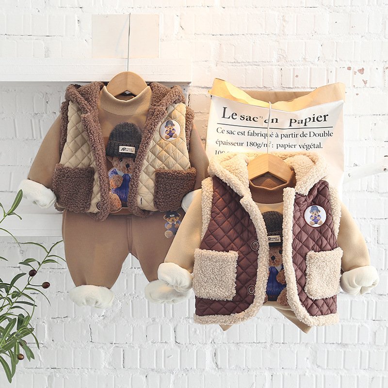 Wholesale 0-3 Years Baby Boy's 3pcs Hoodie Clothing Set Winter Velvet Thick Vests Waistcoat Suit Newborn Fleece Clothes Set