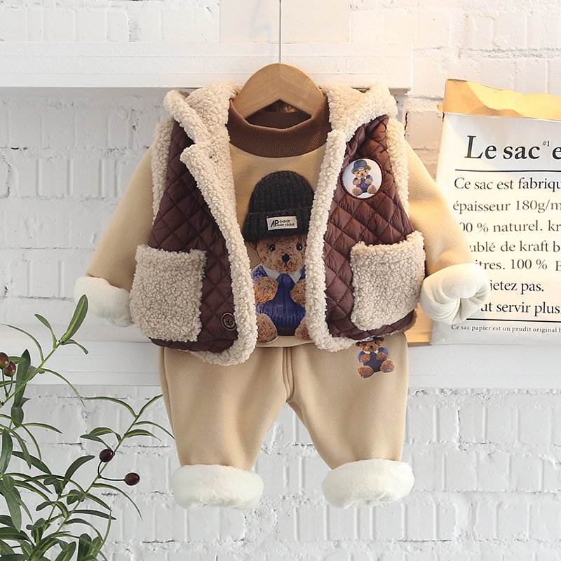 Wholesale 0-3 Years Baby Boy's 3pcs Hoodie Clothing Set Winter Velvet Thick Vests Waistcoat Suit Newborn Fleece Clothes Set