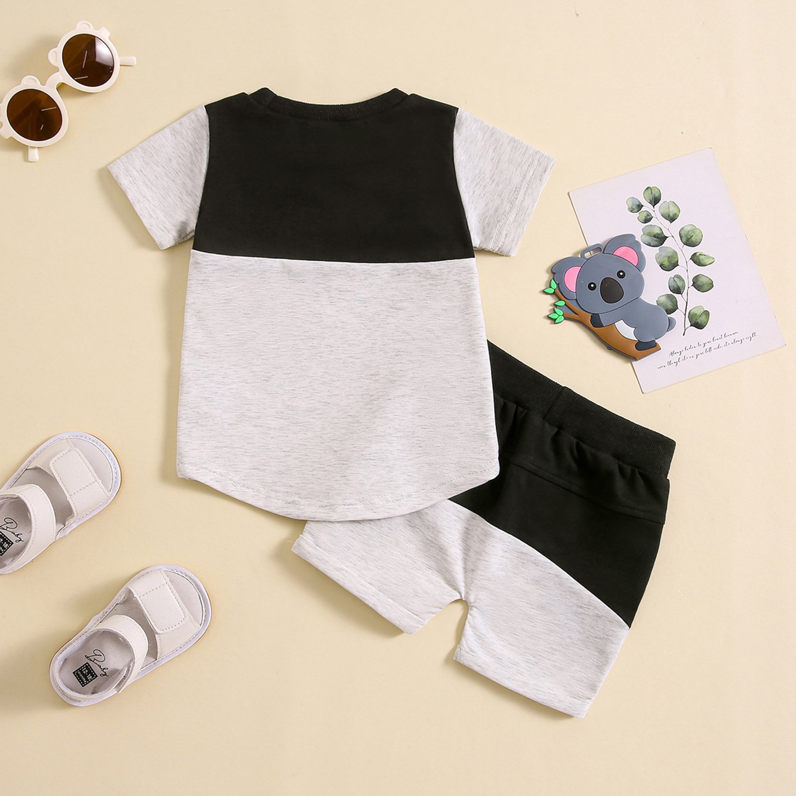 Boys and girls' summer new color blocked round neck short sleeved shorts set with multiple colors