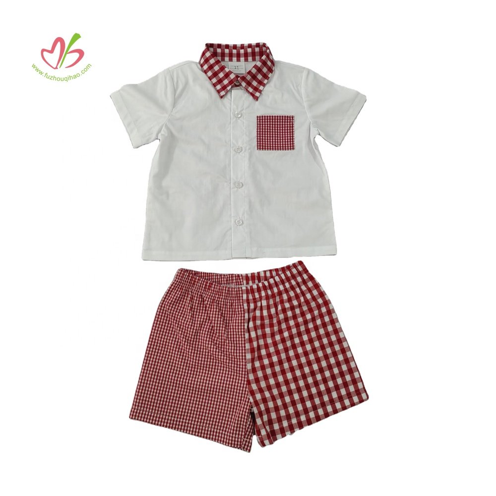 Custom Kids Clothes 2pcs boy summer clothes short sleeve polo shirt gingham Shorts Set Boys Clothing Set